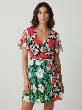 Diane Von Furstenberg Boswell 100% Silk Wrap Multicolored Floral Print Dress 6